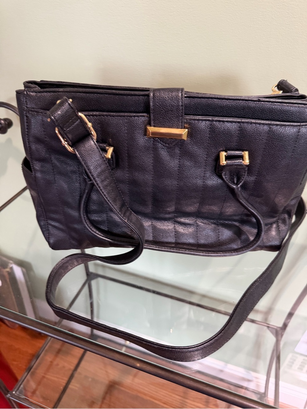 Classic Faux Black Leather Women's Tote Bag with Gold Hardware